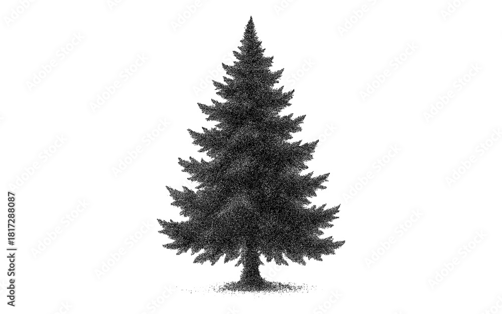 Fototapeta premium Detailed pine tree silhouette in pointillism style on white background