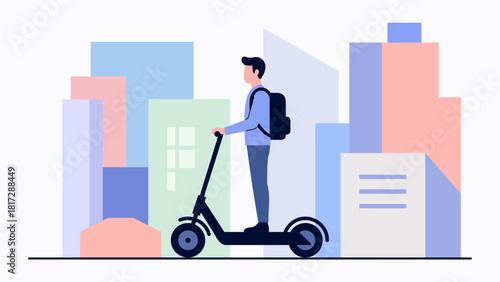 Traveler Riding Electric Scooter in Modern City – Flat Pastel Illustration