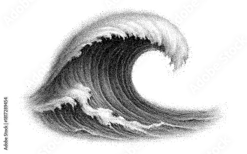 Pointillism wave art: detailed black and white stipple ocean design