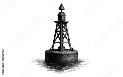 Monochrome ink stippled buoy floating on water