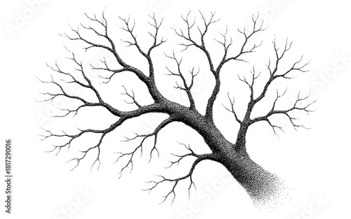 Intricate stippled tree branch with detailed black and white dot shading