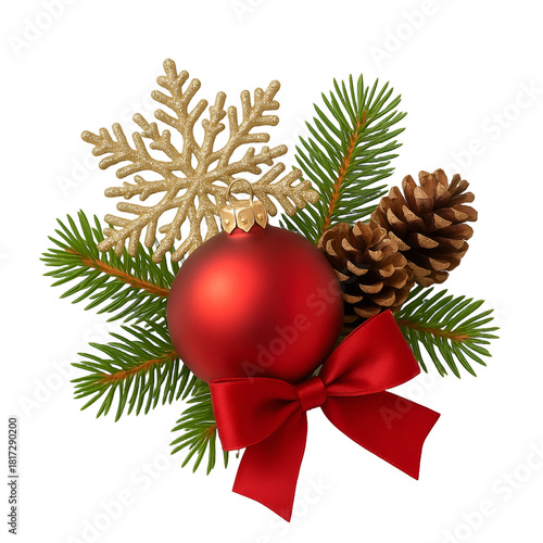 Christmas Ornament with Pinecones and Red Bow on Black Background