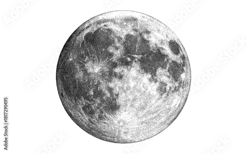 Highly detailed black and white moon art with halftone texture