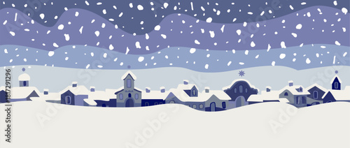 Christmas card of the old town under falling snow. Snowy Christmas landscape. Vector illustration.