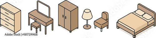 set of vector icons of various bedroom furniture in pastel colors in isometric style, for thematic designs, social networks or websites