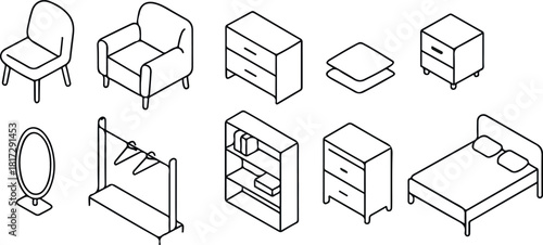set of vector icons of various bedroom furniture in line art style, for thematic designs, social networks or websites