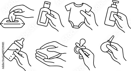 set of icons of things for caring for and taking care of a child in human hands in line art style, for thematic designs, social networks or websites