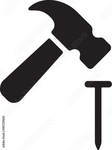  hammer and nail black silhouette vector icon on white background