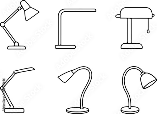 set of icons of various table interior lamps of different shapes in line art style, for thematic designs, social networks or websites