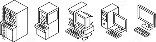 set of icons of various computers from vintage to modern computers in line art style, for thematic designs, social networks or websites