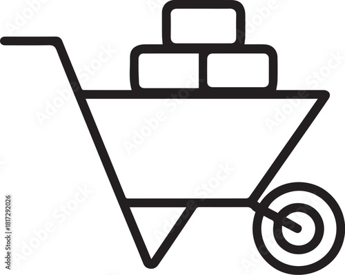 Wheelbarrow with bricks black line icon on white background