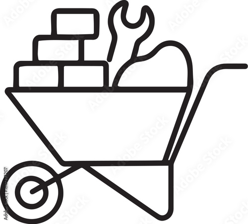 Wheelbarrow with mixed load bricks tools sand vector line icon in white background