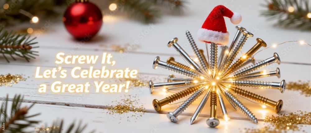 Fototapeta premium Creative construction Christmas concept with screws arranged as a star and Santa hat. Industrial holiday greeting banner with funny text Screw It Let's Celebrate a Great Year