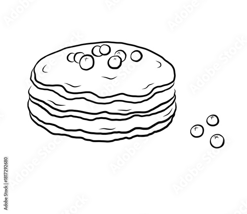Appetizing illustration of stack of fluffy pancakes topped with fresh blueberries. Breakfast vibe. Design for food blogs, cafe menus, packaging, cookbooks, logo, social media. Hand drawn sketch