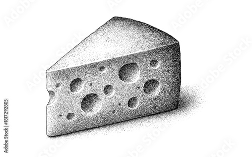 Stippled cheese wedge with detailed texture in black and white style