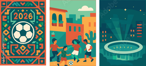 Soccer championship 2026 posters set with ball pattern, street football and night stadium illustration