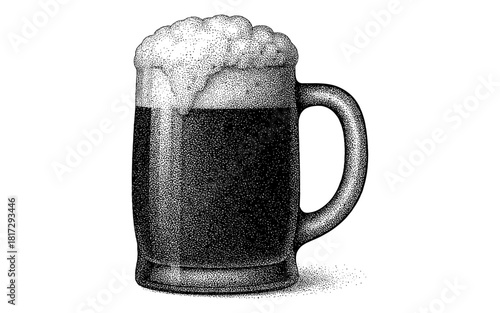 Detailed dot style beer mug with foam in black and white illustration