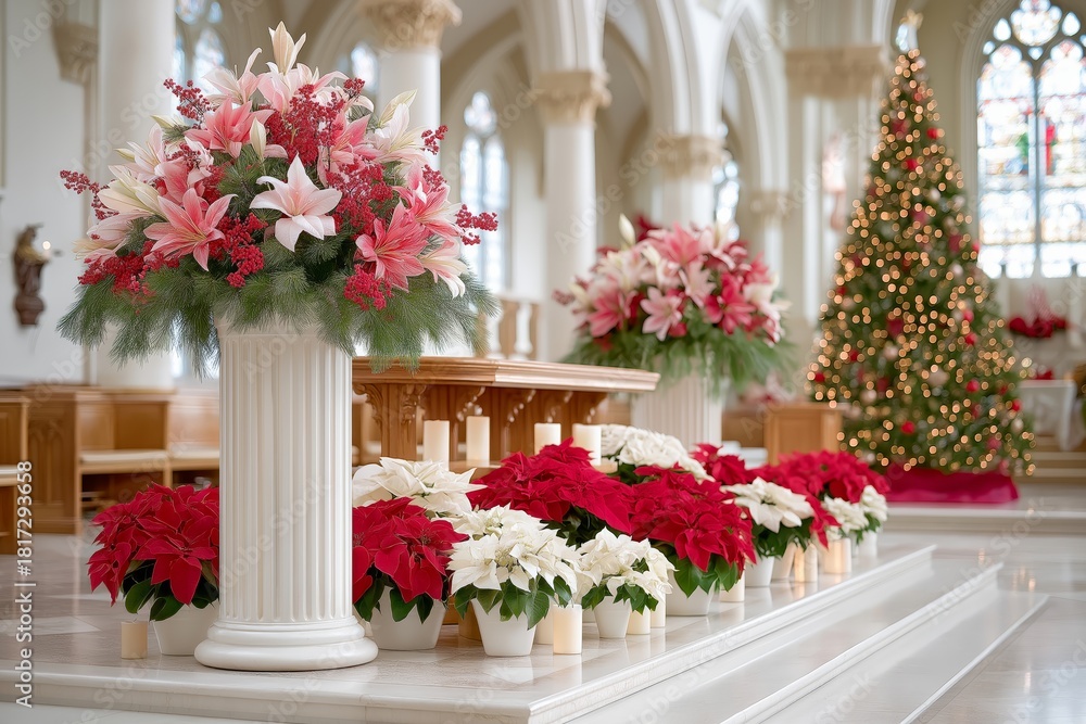 Fototapeta premium A beautifully arranged Christmas stage with a white tree and vibrant poinsettias creating an elegant festive holiday atmosphere in a bright interior, Generative AI