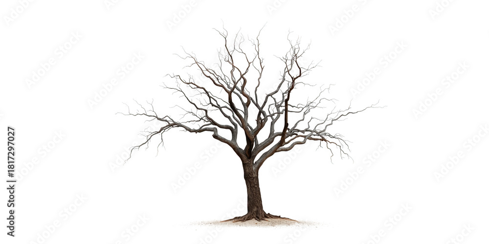 Obraz premium Bare tree isolated on transparent background, showcasing intricate branches and stark winter silhouette