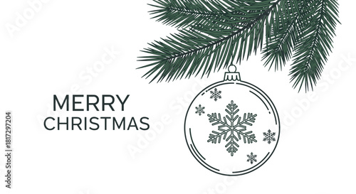 Minimalist Merry Christmas greeting card with a line art snowflake ornament hanging from a realistic fir tree branch.