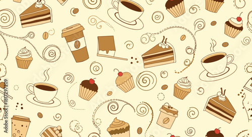 Cozy seamless coffee shop pattern with hand-drawn coffee cups cakes and cupcakes on a warm beige doodle-style background.