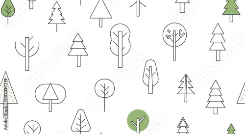 Seamless pattern of various minimalist and geometric trees in a simple line art style on a clean white background design.