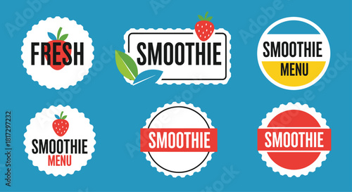 Collection of six vibrant and retro-style labels or stickers for a fresh smoothie menu with fun typography and fruit icons.