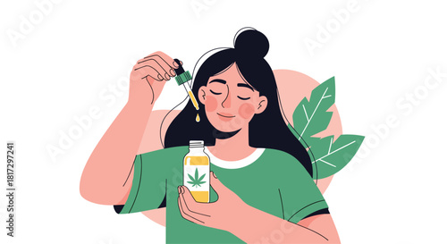 Young woman peacefully applying CBD oil from a dropper bottle for wellness and natural therapy in a modern flat illustration.