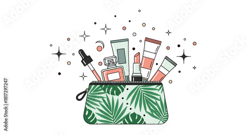 Cosmetic bag with a tropical leaf pattern overflowing with various makeup and skincare products like lipstick and perfume.