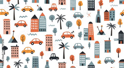 Cute and colorful seamless city pattern with cartoon buildings cars and trees in a playful childish doodle style for kids.