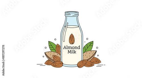 Line art illustration of a glass bottle of vegan almond milk surrounded by whole almonds and green leaves on a white background.