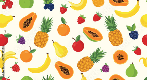 Vibrant seamless pattern with a variety of colorful tropical and common fruits like pineapples bananas papayas and berries.