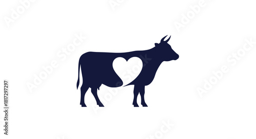 Simple and bold dark blue silhouette of a cow with a heart-shaped cutout symbolizing love for animals and vegan lifestyle.