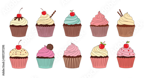 A delicious set of ten colorful hand-drawn cupcakes with various frostings and toppings like cherries and chocolate wafers.