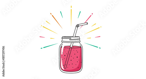 Cute cartoon illustration of a pink fruit smoothie in a mason jar with a straw surrounded by colorful celebration sparks.