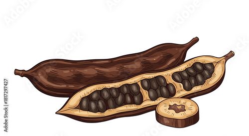 Hand-drawn vector illustration of whole and sliced carob pods showing the seeds inside for a natural sweet ingredient design.