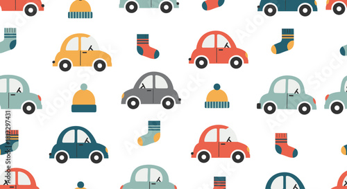 Seamless and cute winter pattern for children with colorful cartoon cars knitted hats and socks on a plain white background.