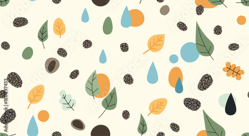 Seamless abstract pattern with autumn leaves acorns and raindrops in a simple and modern flat design style for fall season.