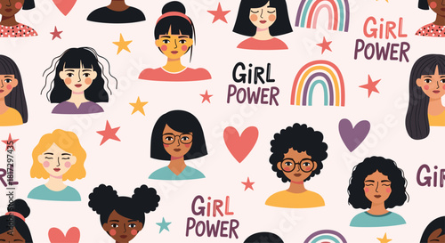 Seamless pattern celebrating girl power with diverse female portraits rainbows and empowering text on a light pink background.