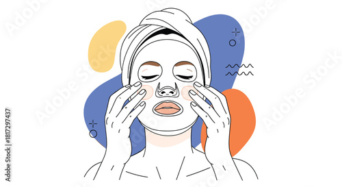 Line art illustration of a woman in a towel wrap applying a sheet face mask for a relaxing skincare and beauty routine.