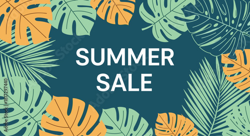 Vibrant summer sale banner with bold white text on a dark blue background framed by colorful tropical monstera and palm leaves.