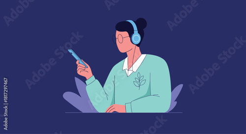 Modern flat illustration of a person with glasses and headphones listening to a podcast or audiobook on their smartphone.
