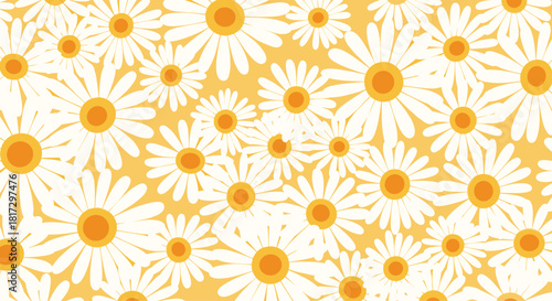 Seamless retro-style pattern of white and yellow daisy or chamomile flowers densely packed on a warm yellow background.