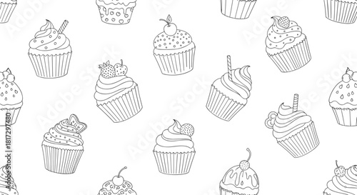 Seamless black and white pattern of various hand-drawn cupcakes with different toppings in a simple doodle line art style.