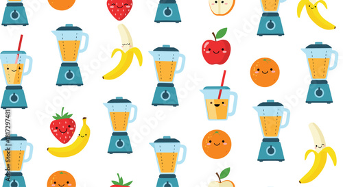 Seamless pattern with cute kawaii-style blenders and smiling fruits like bananas strawberries and oranges for a healthy theme.