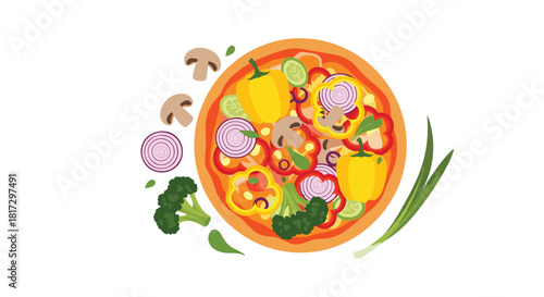 Delicious vegetarian pizza from a top-down perspective with fresh vegetable ingredients scattered around on a clean white background.
