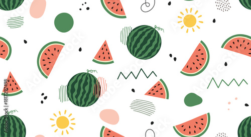 Fun and abstract seamless summer pattern with whole watermelons slices suns and geometric shapes on a white background.