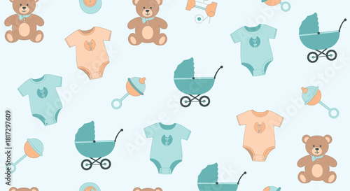 Cute seamless baby pattern with teddy bears strollers and onesies in soft pastel colors for a newborn baby shower celebration.