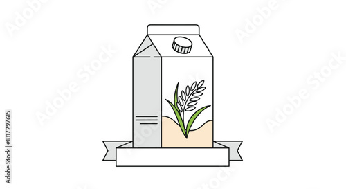 Minimalist line art illustration of a rice milk carton with a rice plant design and a blank banner for custom text or logo.
