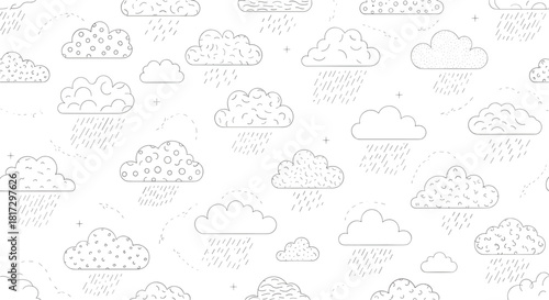 Seamless black and white doodle pattern of cute cartoon clouds with rain and various textures in a simple hand-drawn line art style.